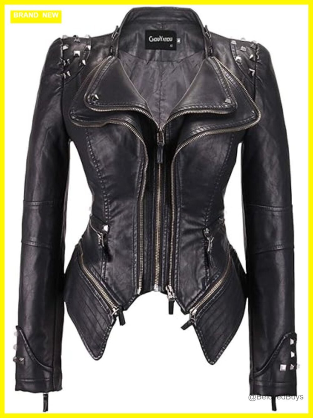 Faux Leather Studded Biker Jacket with Adjustable Hem